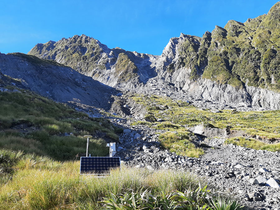 Alpine Gardens landslide with GeoNet station in foreground.
