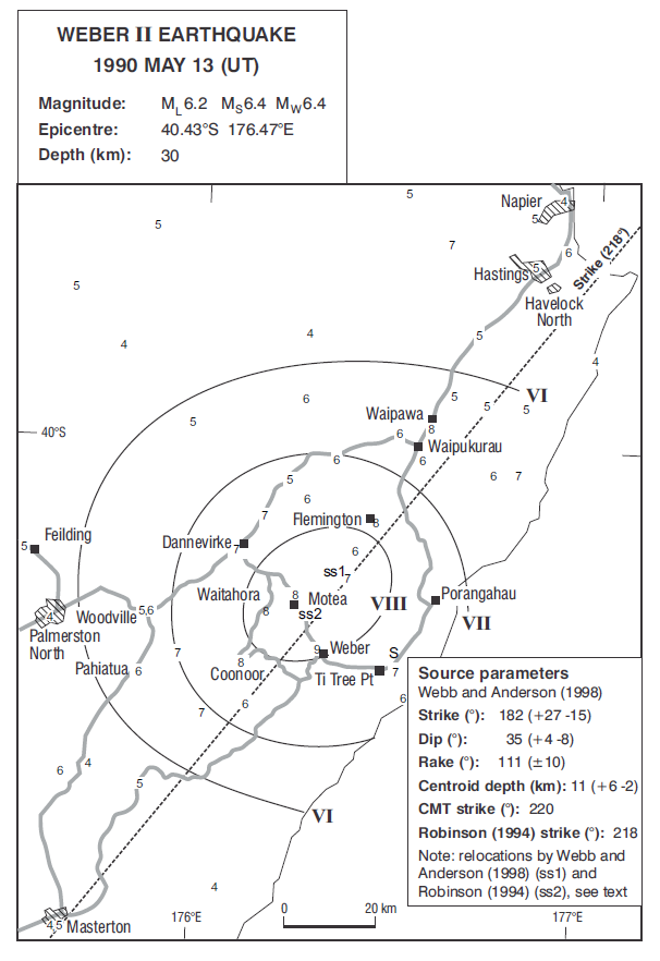 Isoseismal map of the Weber II earthquake. Courtesy Atlas of isoseismal maps of New Zealand earthquakes (2nd edition): Downes, G.L.; Dowrick, D.J.