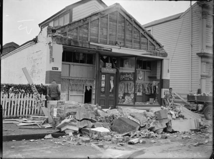 Masterton shop front, damaged by 1942 earthquake. 25 Jun 1942. [Ref #: 1/2-123914-G Part of: Evening Post: Photographic negatives and prints of the Evening Post newspaper (PAColl-0614) and Negatives of the Evening Post newspaper (PAColl-0614-1)]