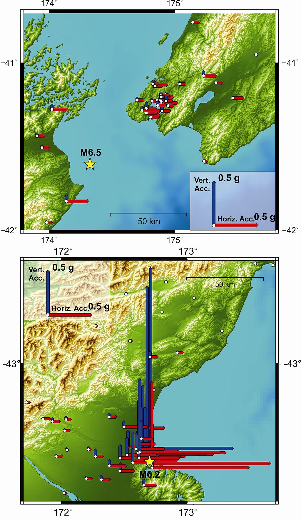 Two maps comparing accelerations measured for the Cook Strait (upper) and Christchurch (lower) earthquakes.