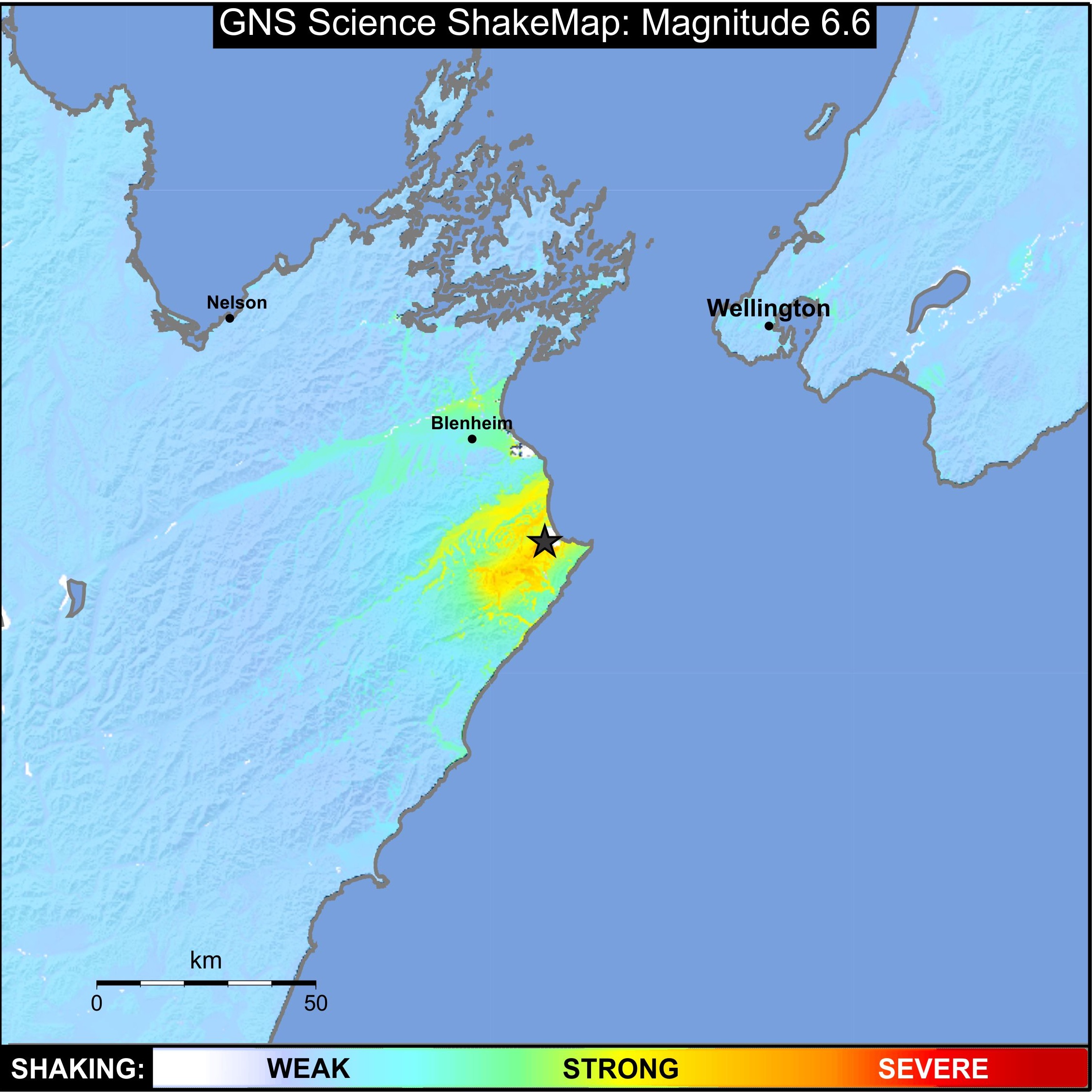 The ShakeMap showing the shaking intensity as determined by GeoNet instruments and modelled against ground conditions. (This is still in 'beta' testing and will be refined before official release.)
