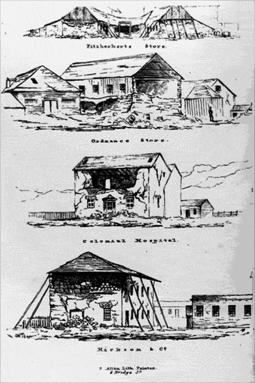 Sketches showing the damage to buildings sustained in the 1848 Wellington earthquake. [Park, Robert 1812-1870. Ref #: PUBL-0050-01 Part of: An account of the earthquakes in New Zealand]