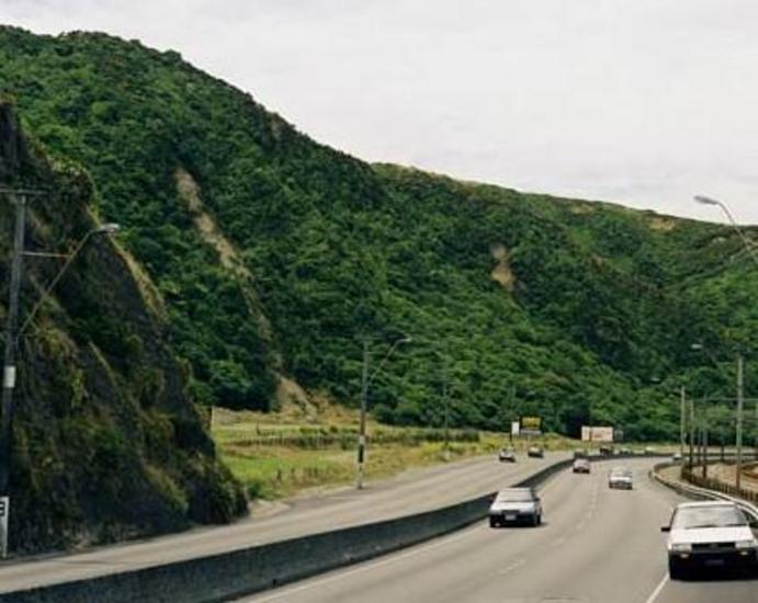 The large landslide shown in C. E. Gold’s painting is still visible on the Hutt Road today. Now covered in vegetation, the slip is distinguished by its slope, which is shallower than the surrounding hills. [GNS Science]