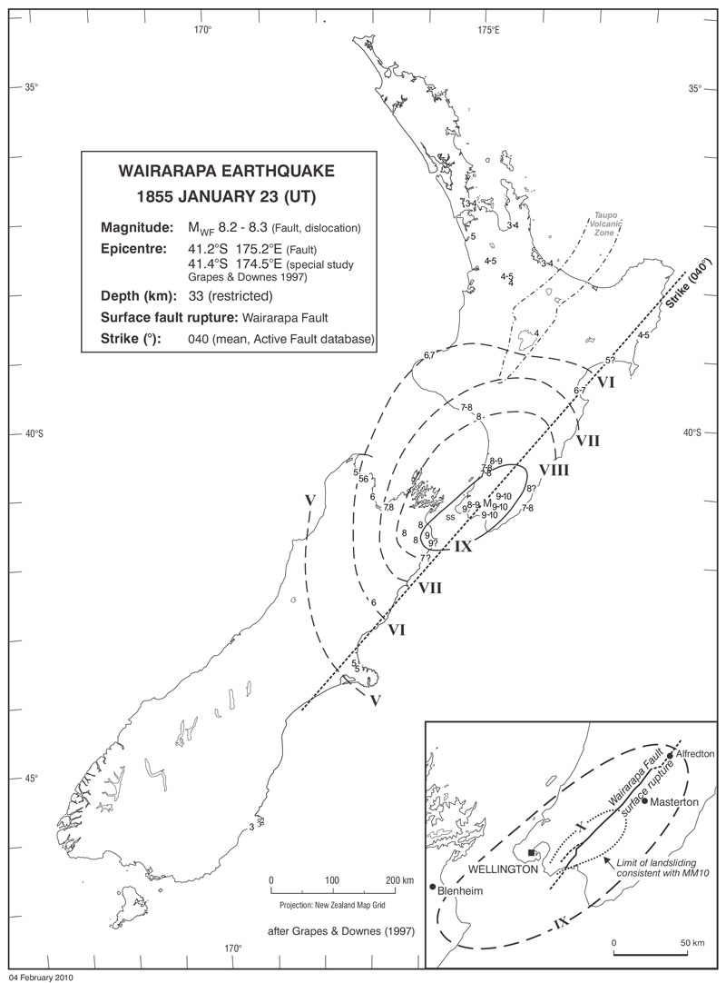 Intensity map of 1855 Wairararapa earthquake. Source: Downes, G.L.; Dowrick, D.J. 2014 Atlas of isoseismal maps of New Zealand earthquakes : 1843-2003. Lower Hutt, NZ: GNS Science. GNS Science monograph 25
