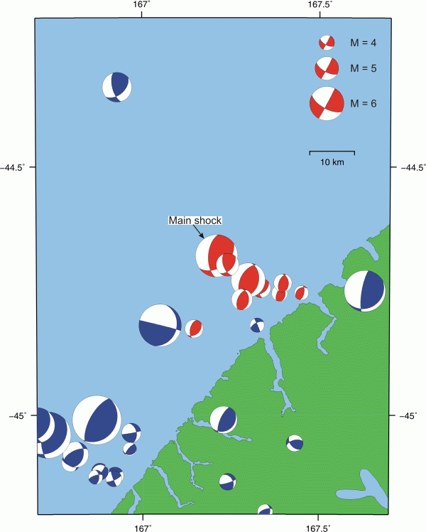 Map showing mechanisms for Fiordland earthquakes.