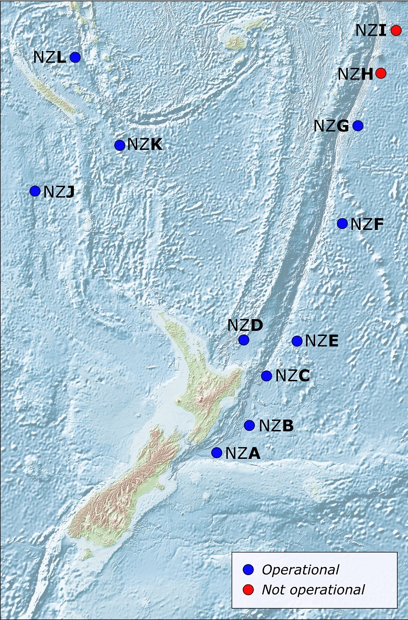 DART sensor network locations around New Zealand (updated 05-11-2021)