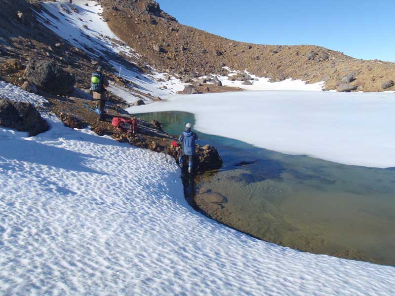 Scientists taking chemistry measurements and sampling of Mount Tongariro
